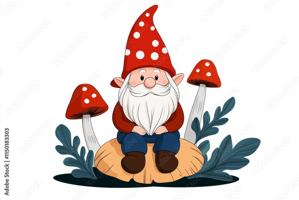 Poster a flat vector icon of a gnome sitting on a mushroom, illustrated with clean shapes and a playful col