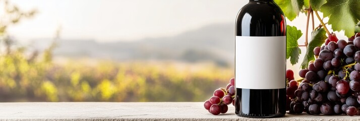 Customizable Wine Bottle Images Vineyard - Red wine bottle mockup, blank label, vineyard background, grapes, autumn harvest.  Elegant, rustic, premium.