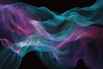 Fototapeta premium Abstract swirling nebula with vibrant teal, purple, and pink hues, shimmering with cosmic dust.