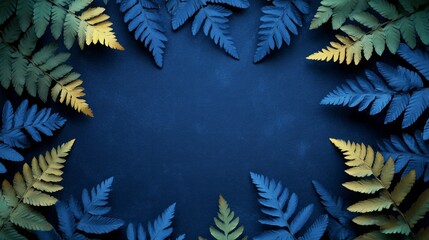 Dark navy blue fern leaves background.