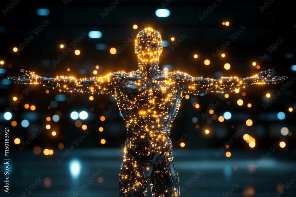 Poster A futuristic depiction of a god as a holographic figure made of glowing geometric patterns, surrounded by high-tech interfaces and floating light constructs