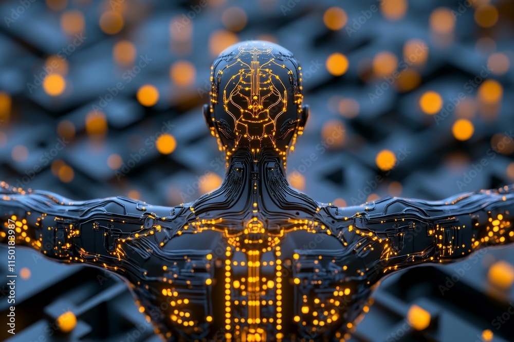 Fototapete A futuristic depiction of a god as a holographic figure made of glowing geometric patterns, surrounded by high-tech interfaces and floating light constructs