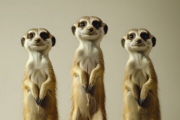 Fototapeta premium Three meerkats stand upright, paws clasped, in a charming, symmetrical pose.