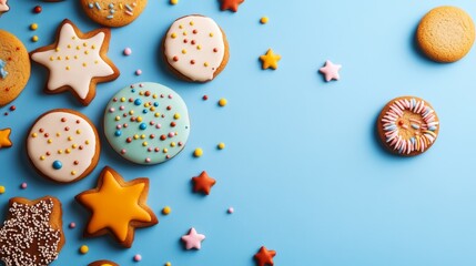 Decorated Cookies Background for Bakers - Colorful decorated cookies, perfect for bakeries, websites, and blogs.  Sweet treats, festive designs, and delicious textures symbolize joy, celebration, arti