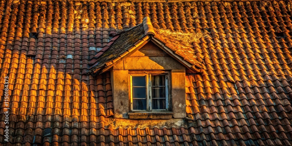 Poster golden hour illumination on a weathered tile roof with single dormer window