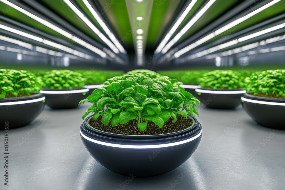 Poster A futuristic lab featuring transparent chambers where GMO crops are growing under controlled conditions with LED lighting