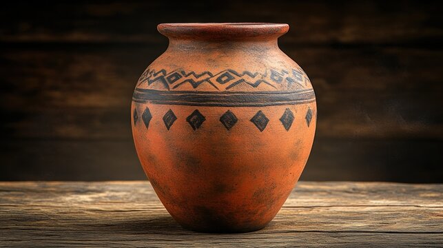 Rustic terracotta vase with tribal design on a wooden table.
