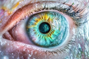 Close-up of a human eye, showcasing intricate details of the iris and surrounding structures.
