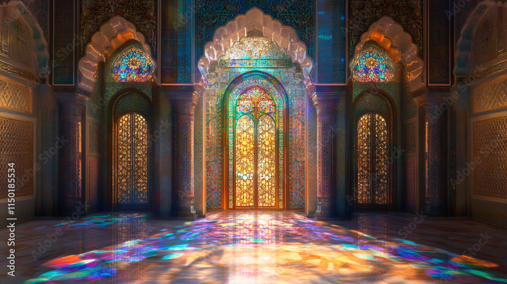 Poster Radiant light casting colorful reflections on mosque floor from intricate stained glass window during ramadan