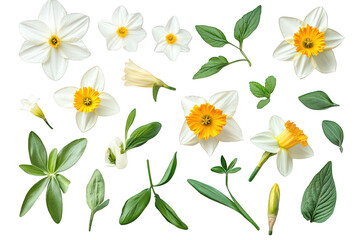 Daffodil flowers and foliage isolated on black background, on transparent background