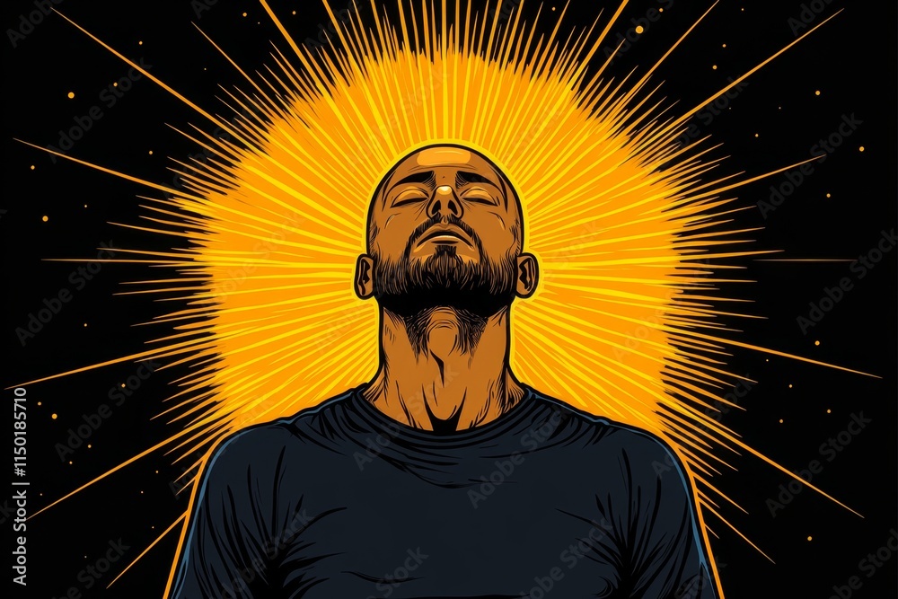 Poster a geometric illustration of a divine figure surrounded by radiating lines, rendered in a minimal col