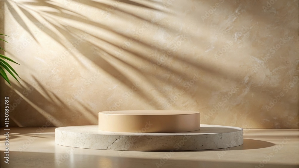 Poster Elegant Beige and Cream Cylindrical Display Platform with Soft Light and Shadow