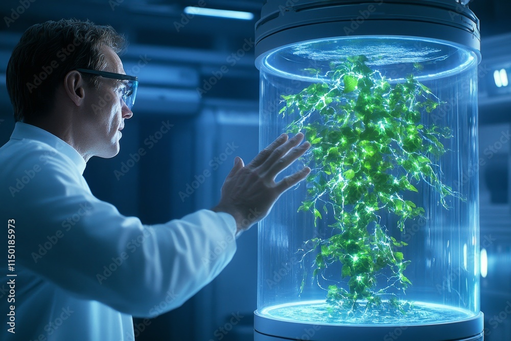 Poster a glowing gmo algae culture inside a futuristic bioreactor, being monitored by a scientist with a ho