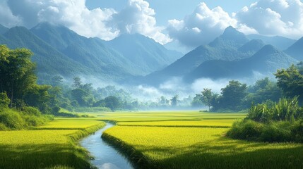 Serene landscape of rice paddies, mountains, and a meandering stream under a partly cloudy sky.