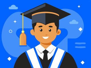 graduate. Happy students in faceless style with diplomas in academic gown and graduation cap, group with graduation certificate