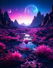 Surreal Alien Planet with Glowing Plants, Vibrant Purple Sky, and Multiple Moons