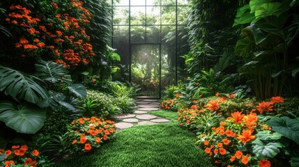 Obraz premium Lush tropical garden with orange flowers, stone path.