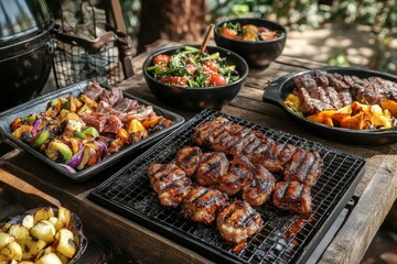 Delicious Grilled Meats and Vegetable BBQ Feast Outdoors