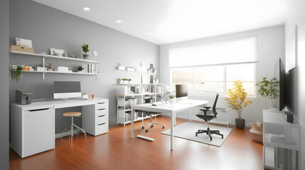 A functional and stylish office space with standing desks, neutral tones, and smart storage solutions