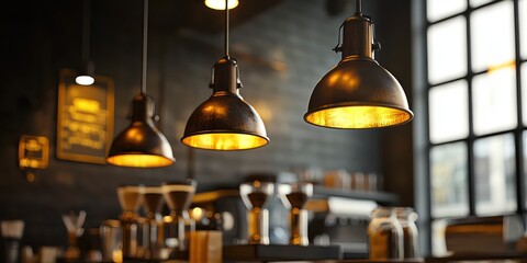 A set of vintage industrial lights hanging over a coffee shop counter, casting a soft