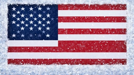 Naklejka premium Festive American Flag Winter Scene - A snowy winter scene featuring an American flag, symbolizing patriotism, winter holidays, national pride, cold weather, and festive cheer.