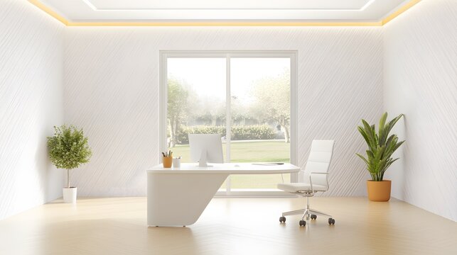 A minimalist office setup with clean lines, muted colors, and ample space for a calm working environment