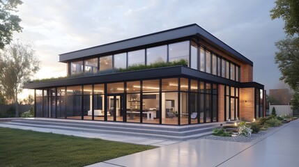 Obraz premium A contemporary energy-saving home with thermal insulation, rooftop garden, and low-energy appliances