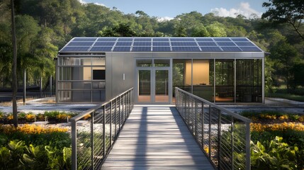Fototapeta premium A compact home designed for energy conservation, featuring smart home systems and solar energy integration
