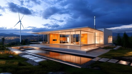 Obraz premium A small energy-efficient home surrounded by nature, with a wind turbine in the yard and an eco-modern design