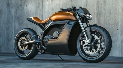 A sleek, modern motorcycle with a distinctive design and metallic finish, showcased against a wall.