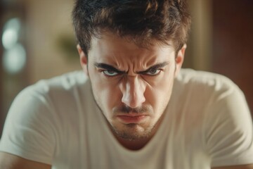 Fototapeta premium A close-up of a young man with an intense expression, furrowed brows, and a serious demeanor. He is wearing a plain white t-shirt and appears to be focused or frustrated.