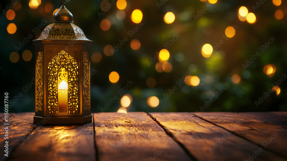 Poster Golden lantern casting warm light on wooden surface, creating a magical ramadan atmosphere with bokeh lights in the background
