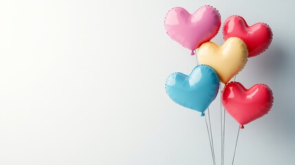 Colorful heart-shaped balloons floating against a light background, perfect for celebrations of love and affection, with copy space