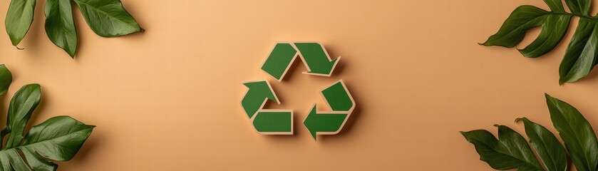 Obraz premium Recycling symbol surrounded by green leaves on a warm background promoting sustainability.
