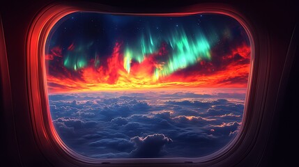 Fototapeta premium Airplane window view of vibrant aurora borealis and sunset over clouds.