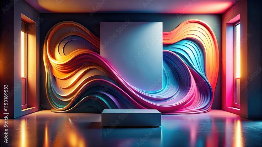 Poster Abstract Colorful Swirling Waves Interior Design with a Blank Display Panel and a Modern Platform