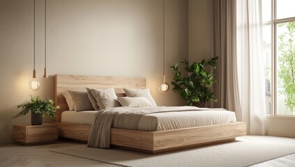 A sleek modern bedroom with a wooden bed and a light beige color scheme