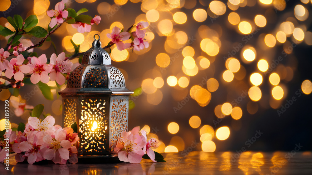 Poster Intricate patterned lantern illuminating delicate spring blossoms with a warm glow amidst golden bokeh