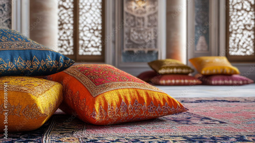 Poster embroidered cushions lie on a carpet in a mosque, creating a peaceful scene for prayer and reflectio