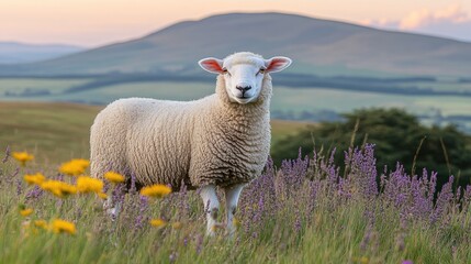 Fototapeta premium Sheep in a meadow at sunset, surrounded by wildflowers.