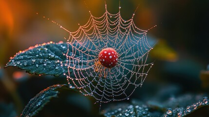 Dew-laden spiderweb cradles red mushroom.