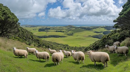 Obraz premium Sheep grazing on a hillside overlooking a valley with a distant ocean view. Lush green pastures, rolling hills, and fluffy white sheep.