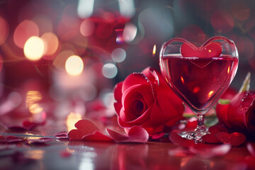 A romantic Valentine's Day surprise on the table - heart shaped glass with red liquid and pink flower roses, bokeh lights background