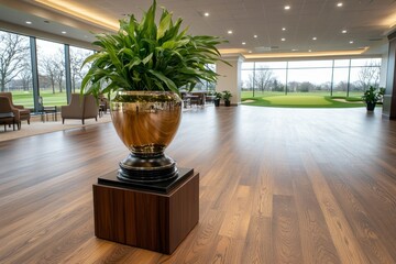 A golf tournament trophy on display in the clubhouse, surrounded by polished wood and elegant decor