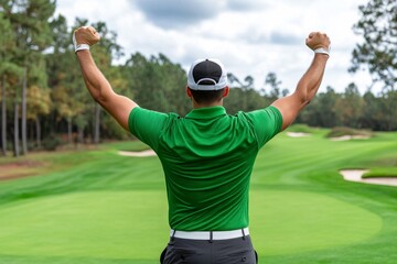 A golfer celebrating a successful shot, raising their arms in triumph as the ball lands near the hole