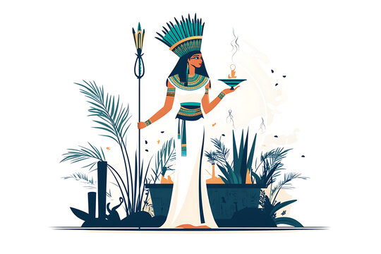 A captivating depiction of Nephthys, the Egyptian goddess of the underworld and sister-wife of Osiris. Nephthys is portrayed as a serene and mystical figure wearing her signature headdress 