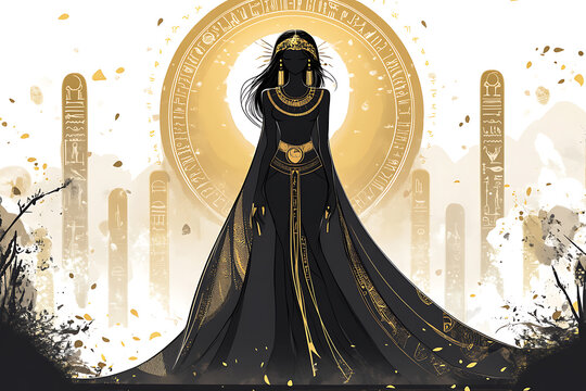 A captivating depiction of Nephthys, the Egyptian goddess of the underworld and sister-wife of Osiris. Nephthys is portrayed as a serene and mystical figure wearing her signature headdress 