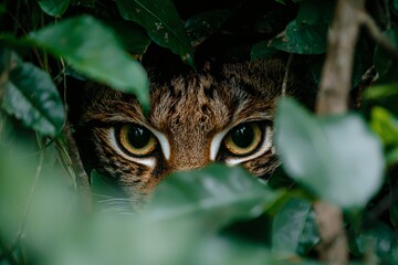 Wildcat Eyes Peeking Through Lush Green Foliage