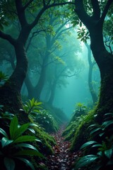 Dark forest with twisted exotic leaves and foggy atmosphere, mysterious, shadows
