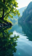 Obraz premium Subtle ripples on a calm lake surface merge with the surrounding environment, water, lake